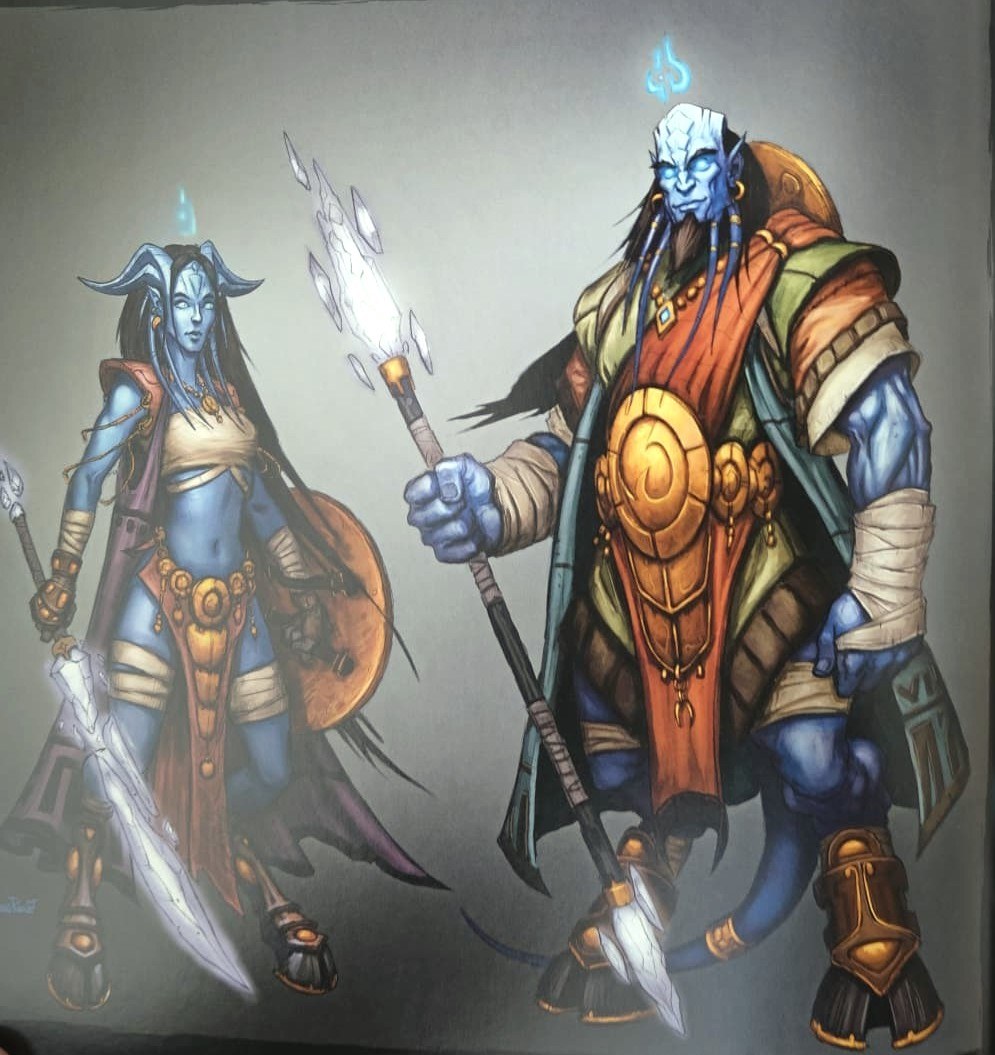 Painted World of Warcraft era concept of two draenei characters with spears and ornate armor