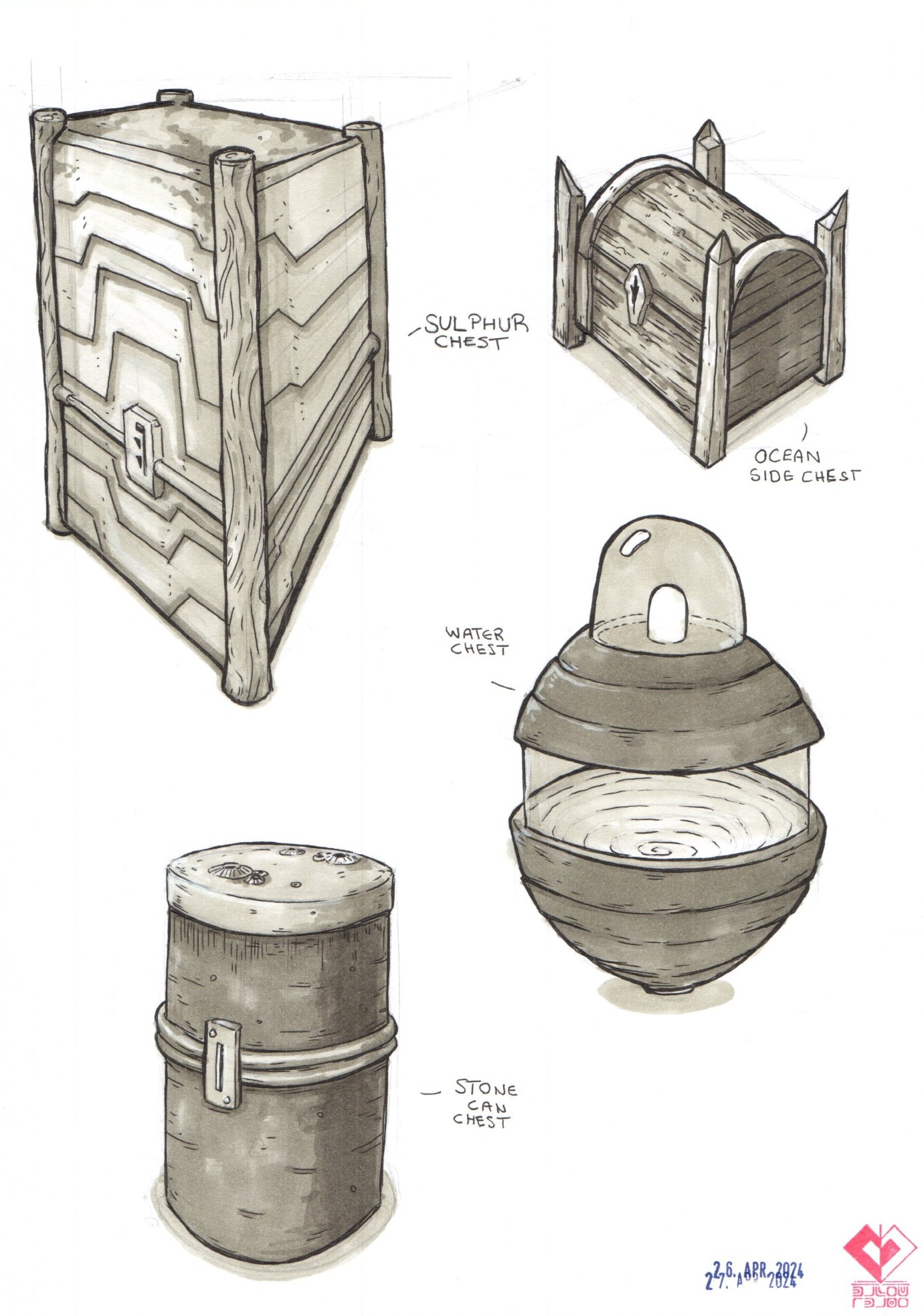 The finalized chest designs in ink and marker: sulphur chest, ocean side chest, water chest and stone can chest