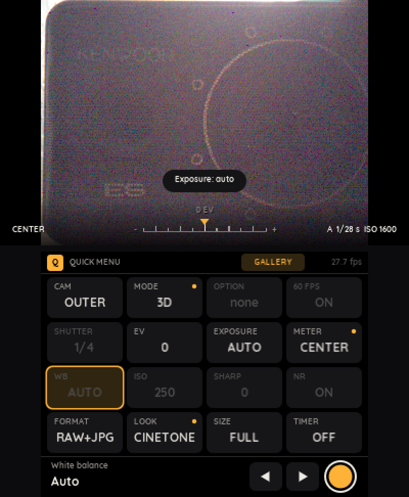 Pro Cam's viewfinder: the live image on the top screen, the quick menu on the bottom screen