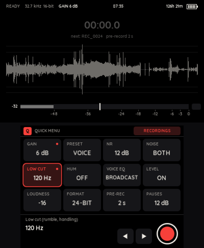 Pro Rec ready to record, with the live waveform, level meter and quick menu