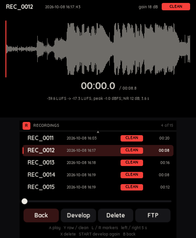 A Pro Rec recording with its clean copy, and the list of recordings